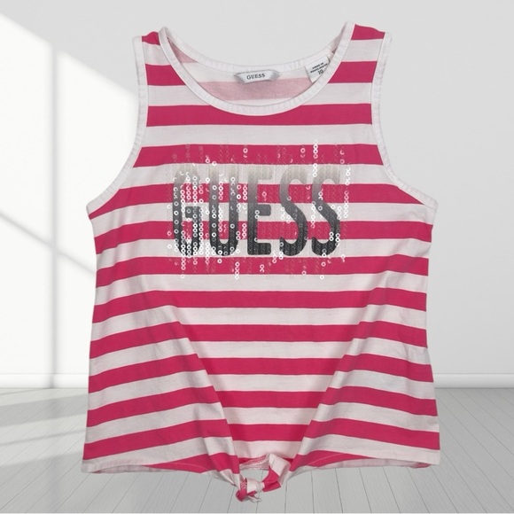 Guess Girl Pink White Striped Sleeveless Sequined camisole Size 10 - Picture 2 of 8